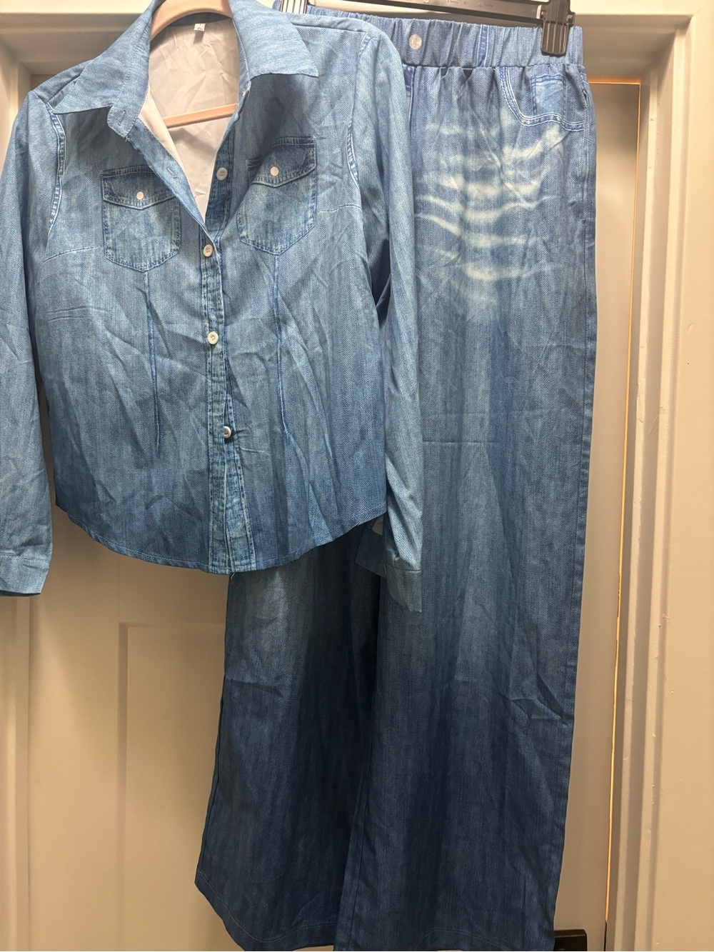 Light Blue Denim Look Button-Up Shirt and Wide-Leg Pants Set